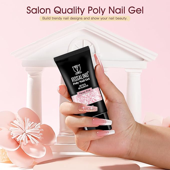 ROSALIND 2 oz Pink Poly Nail Gel, Peach Pink Poly Extension Gel for Nails Nature Color Builder Nail Strengthen Gel Poly Nail Art Design for Women