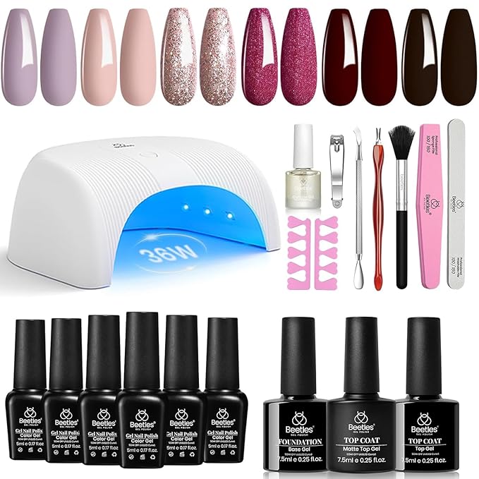 Beetles Gel Nail Polish Kit with UV Light 6 Colors Purple Nude Red Black Gel Polish 25 Pcs Starter Kit Soak off 36W LED Nail Lamp Gel Nail Polish Set Salon DIY Nail Decoration Gifts for Women