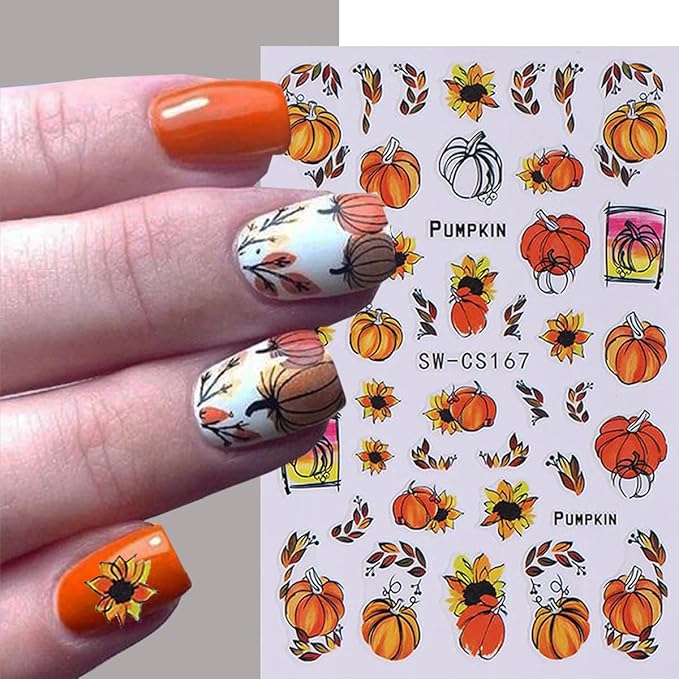 Pumpkin Nail Stickers Fall Nail Decals 3D Self Adhesive Nail Art Stickers Orange Flower Fallen Leaves Sunflower Star Design Thanksgiving Sticker for Nails Decor Manicure Supplies for Women 8 Sheet