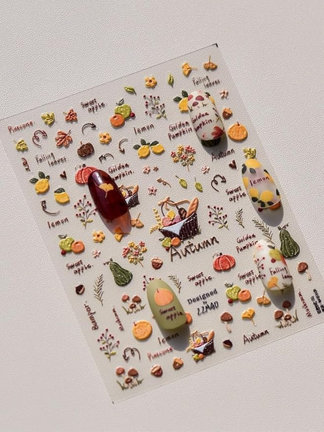 Fall Nail Stickers – 5D Embossed Autumn Nail Art with Pumpkins, Apples, Leaves & Harvest Basket. Easy to Use, Self-Adhesive. Cozy Seasonal Look for Thanksgiving, DIY Manicure, Salon & Home Décor