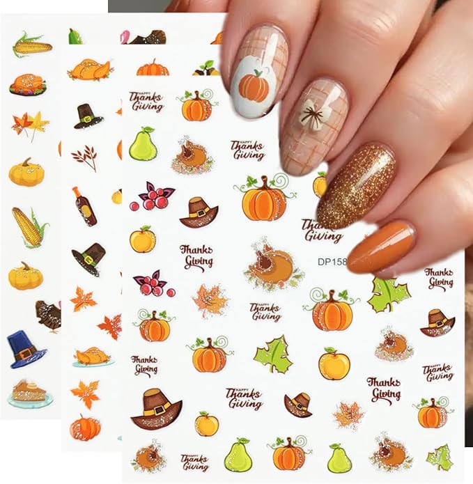 6 Sheets Fall Nail Stickers for Nail Art Glitter Maple Leaf Pumpkin Nail Decals Fruit Turkey Nail Design Stickers 3D Self-Adhesive Thanksgiving Acrylic Nails Art Supply for Women Manicure Decorations