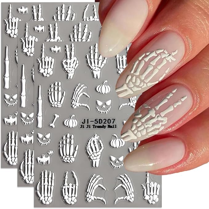 Halloween Nail Art Stickers Decals 5D Embossed Finger Bone Nail Decals 3PCS Fantasy Bone Pumpkin Bat Design Halloween Nail Stickers Nail Art Supplies for Women Holiday DIY Manicure Decorations