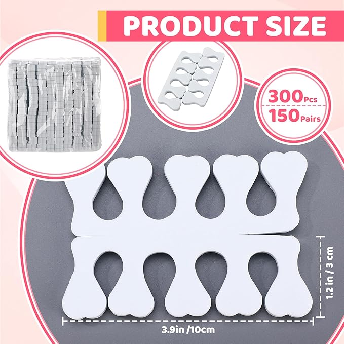 300 Pcs Sponge Toe Separators for Nail Polish Bulk Finger Separators Toe Divider Spacer Pedicure Correct Foot Manicure Coating Gel Painting Soft Pedicure Supplies for Men Women, White
