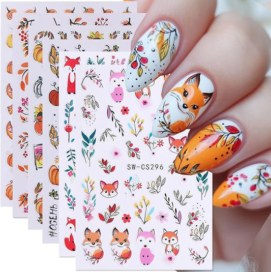 Fall Nail Art Stickers Autumn Leaf Pumpkin Nail Stickers 6PCS 3D Self-Adhesive Foxes Leaves Floral Pumpkin Design Nail Decals Nail Art Supplies Fall Sticker Sliders for Nails DIY Manicure Decorations