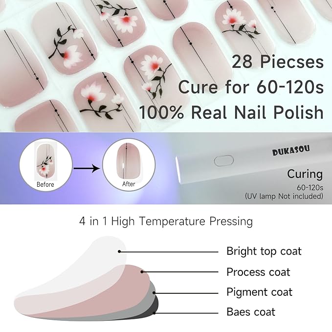 Semi Cured Gel Nail Strips, Longzhu Yarn | 28 pcs Gel Nail Strips Work with Any UV Lamp, Salon Quality UV Nails Stickers, Easy to Apply for Home Nails DIY