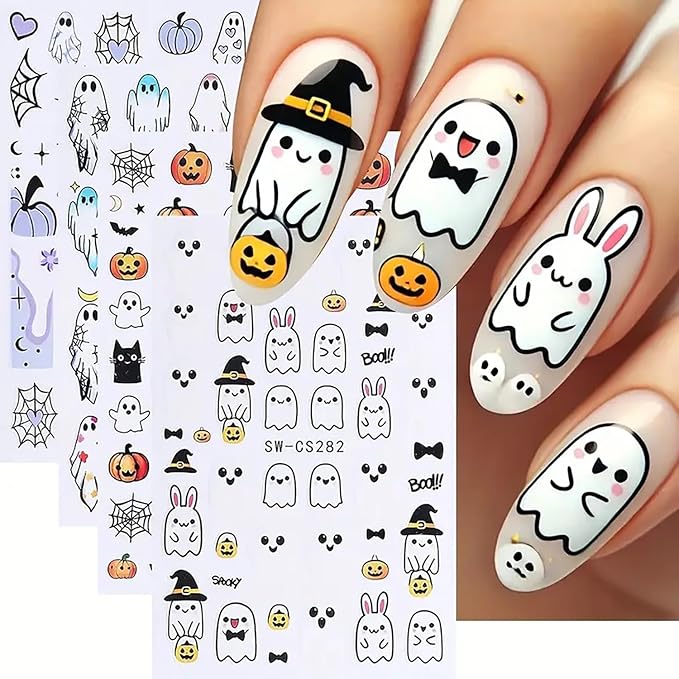 Halloween Nail Art Stickers 6 Sheets Halloween Nail Decals 3D Self Adhesive Cute Nail Stickers Ghost Pumpkin Bat Skull Pattern DIY Manicure Supplies Hallowee Nail Decorations for Women Girls