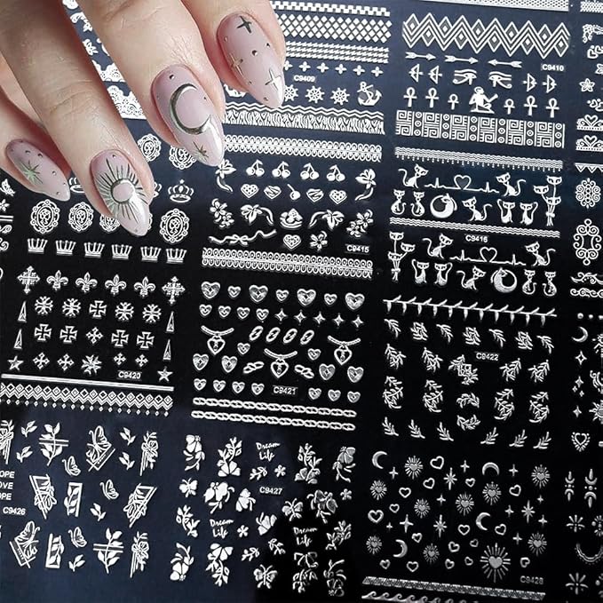 30 Sheets Silver Nail Sticker Silver Lace Nail Art Stickers Silver Retro Flower Star Moon Heart Cat Design 3D Self-Adhesive Nail Sticker Decals Nail Supplies for Women Girls DIY Nail Art Decoratio