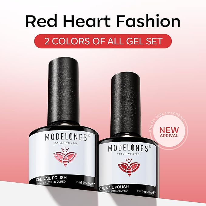 modelones Gel Nail Polish Set 2 Pcs 15 ML Pink Red Gel Polish Hot Pink Red Love-heart Glitter Gel Polish White Shimmer Spring Soak Off LED Nail Art DIY Gift For Women Girl