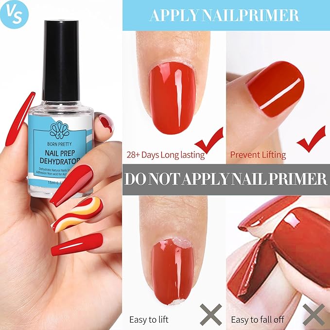 Born Pretty Nail Dehydrate and Primer, 15ml HEMA&TPO Free Dehydrator for Acrylic and Gel Nail Polish, Non Acid Primer for U V Gels, No Burn Fast Air Dry Nail Prep Dehydrator Set, 0.5oz