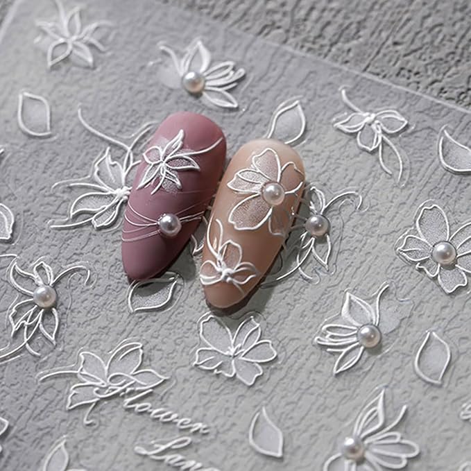 Flower Nail Stickers White Nail Art Stickers Pearl Floral Nail Decals Self-Adhesive 5D Embossed Nail Decals for Women Girls Acrylic Nails Manicure DIY Nail Supplies