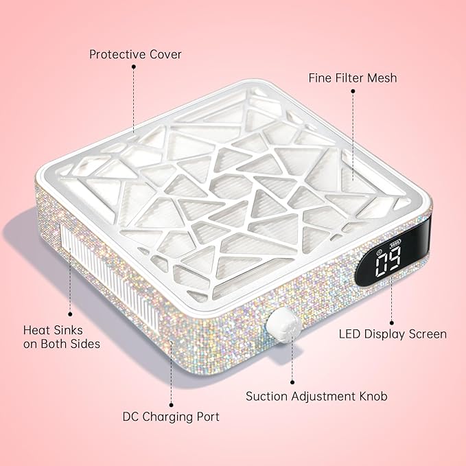 Nail Dust Collector, Cordless Dust Collector Nail Tech, Powerful Vacuum Fan Vent Dust Collector Extractor Dust Suction Machine for Acrylic Nails Polishing, Nail Salon, White Diamond