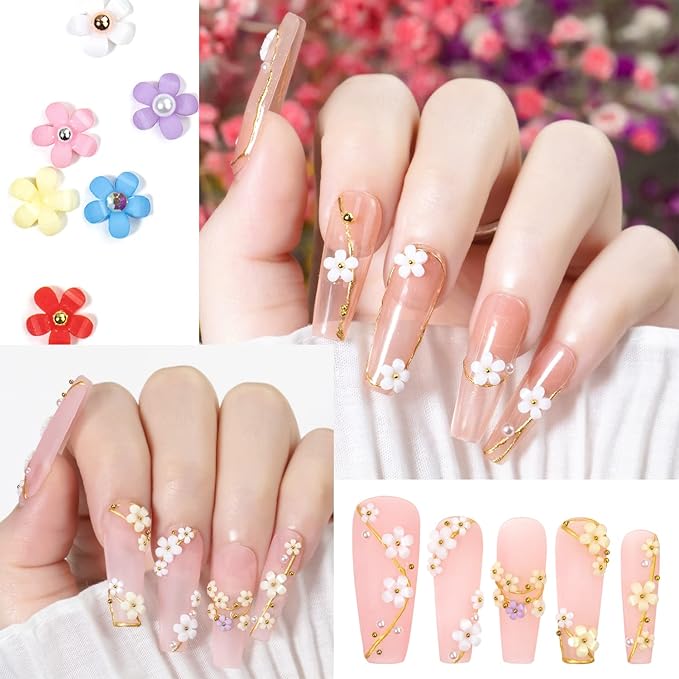 3D Flower Nail Charms for Nails Colorful Flowers Flatback Nail Rhinestones White Pink Purple Acrylic Flower with Gold Silver Caviar Beads Round Pearls Nail Art Supplies Manicure DIY Nail Decorations