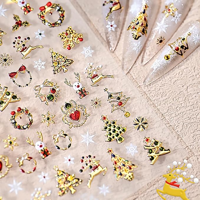 Christmas 5D Embossed Nail Art Stickers Gold Xmas Trees Nail Decals Self Adhesive Snowflake Bell Reindeer Snowman Nail Stickers Xmas Holiday Gift Nail Design Stickers Elk Nail Art Supplies for Women