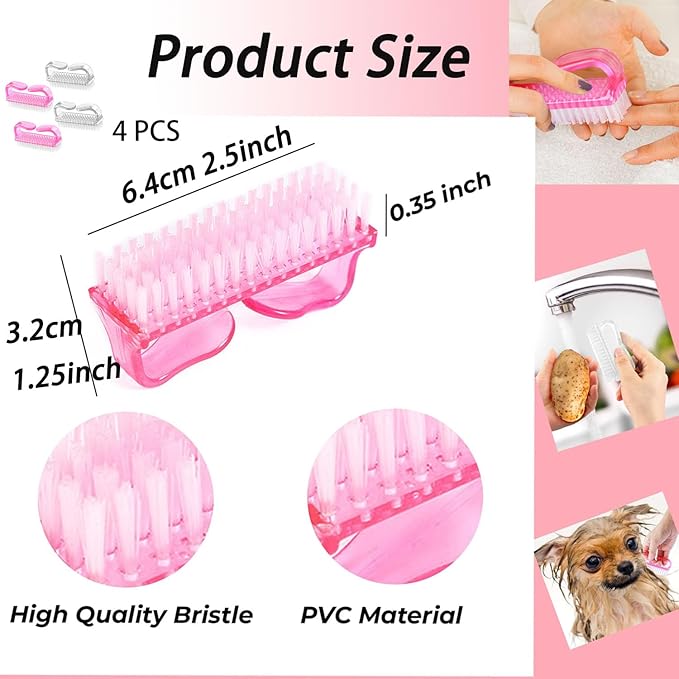 4-Pack Handle Grip Nail Brush, Hand Fingernail Brush Cleaner Scrubbing Kit Pedicure for Toes and Nails Men Women(Pink + Clear)