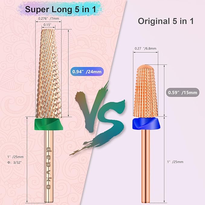 Depvko Super Long 5 in 1 Nail Drill Bits, 3/32'' Carbide Tungsten Bits, Two Way Rotate Professional Advanced Safety Bits for Nail, Fast Remove for Manicure Pedicure (Long 5in1-Rose Gold, Coarse-C)