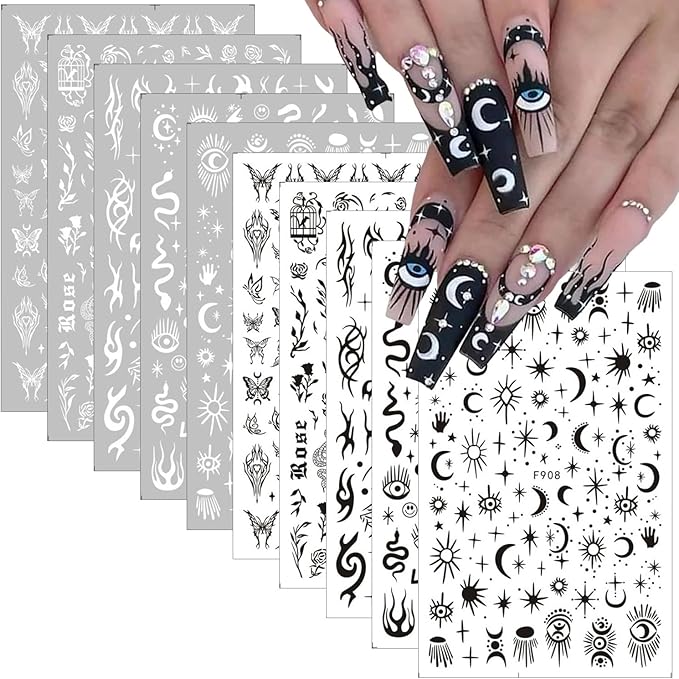 10 Sheets Snake Nail Art Stickers Sheets Black White Nail Decals Star Moon Eye Rose Leaf Flame Nail Art Supplies Butterfly Acrylic Nail Supplies 3D Goth Snake Nail Design Stickers for Women DIY Nail