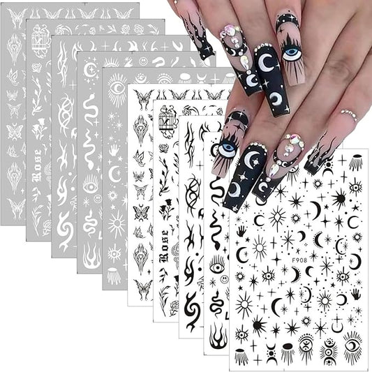 10 Sheets Snake Nail Art Stickers Sheets Black White Nail Decals Star Moon Eye Rose Leaf Flame Nail Art Supplies Butterfly Acrylic Nail Supplies 3D Goth Snake Nail Design Stickers for Women DIY Nail