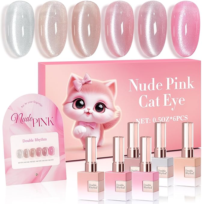 Double Rhythm Cat Eye Gel Nail Polish Set of 6 Same Color Same Bottle 0.5 Oz Shimmer Glitter with Magnet Holographic Reflective Magnetic UV Nail Polish Kit at Home (Silver Nude Pink-T6-42)