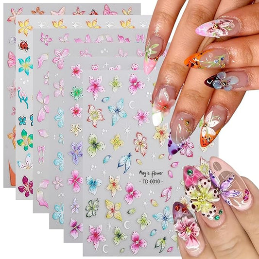 Flowers Nail Art Sticker- 5D Embossed Lily Flower Nail Decals Spring Colored Orchid Floral Petals Nail Design Hibiscus Flower Adhesive Gel Slider Nail Charms Summer Decor DIY Manicure Accessories 6PCS