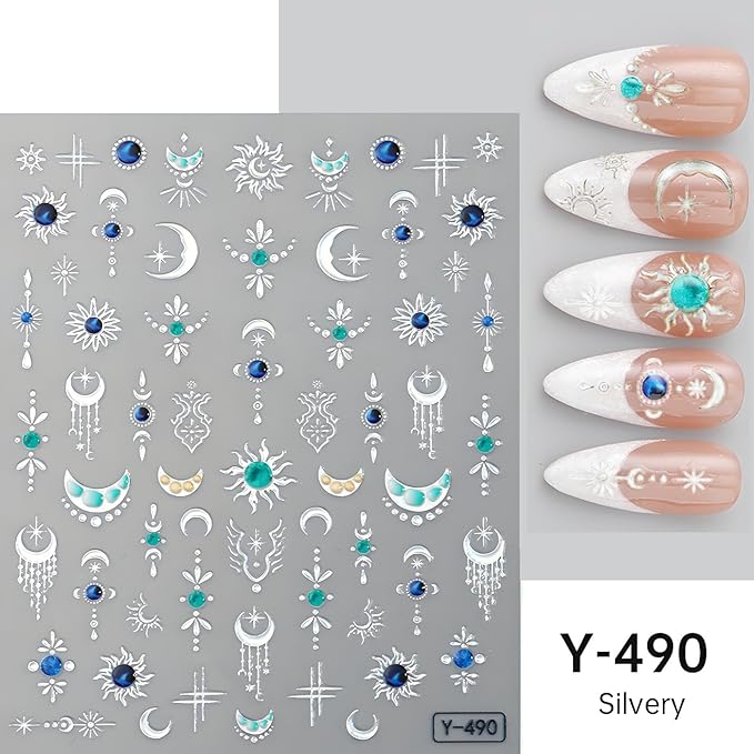 Boho Sun Moon Nail Art Stickers, Star Nail Art Decals 3D Self-Adhesive Gold Silver Sun Moon Nails Stickers Glitter Nail Design 4Pcs Nail Art Supplies for Women and Girls Manicure DIY Decoration