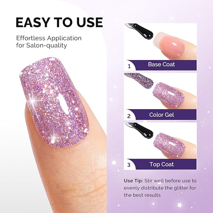 MelodySusie Galaliver Glitter Gel Nail Polish, 15ML Sparkly Shimmer Gel Polish Soak Off UV LED Cured Long Lasting Gift for Women DIY Nail Design Nail Art Manicure Free Purple X06