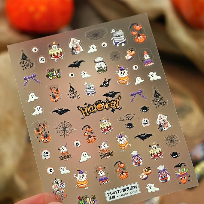 Halloween Nail Stickers for Nail Art - Cute Ghost Nail Art Sticker Halloween Bat Witch Hat 5D Embossed Nail Decals Self-Adhesive Nails Supply Manicure Stickers for Nails Decoration（Ghost Party）