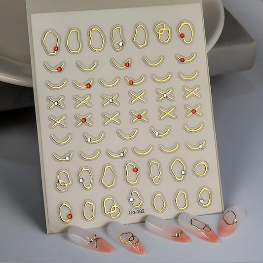 Gold Nail Stickers for Nail Art 5D Self-Adhesive Nail Decals Line Nail Stickers with Rhinestones Design Gold Irregular Nail Art Supplies Decoration Accessories for Women and Girls