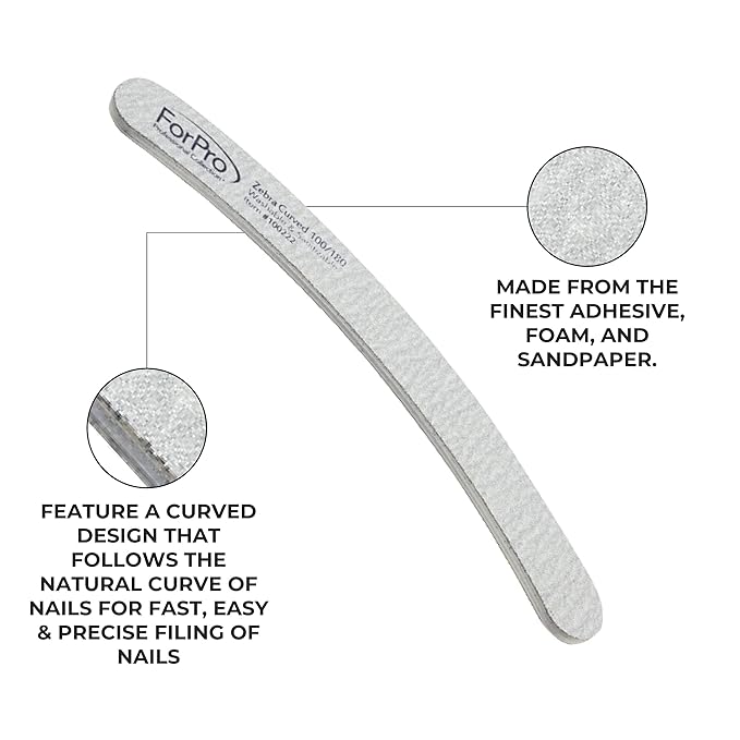 ForPro Professional Collection Zebra Curved Foam Board, 100/180 Grit, Double-Sided Manicure and Pedicure Nail Files, 7” L x .75” W, 50-Count