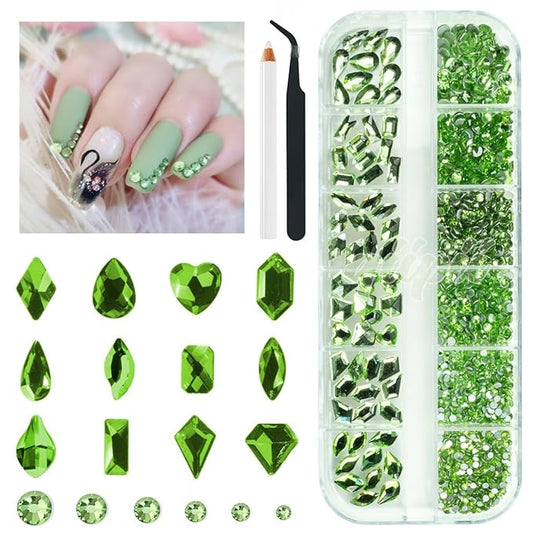 1802Pcs Light Green Nail Rhinestones Grass Green Nail Charms Multi Shapes Crystal Flatback Rhinestones Gems Round Beads Glass Stones Diamonds Jewels Art for Nails Faces Eyes Makeup DIY Crafts