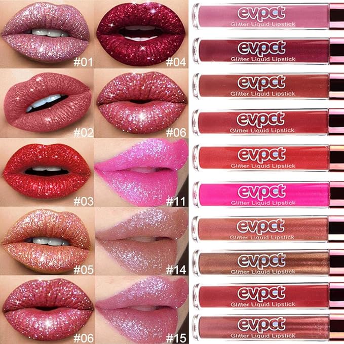 evpct 2Pcs Ruby Red Rose Pink Matte to Glitter Liquid Lipstick Set Kit for Women Long Lasting Glossy Metallic Shimmer Sparkle Lipstick Lip Gloss 3+11