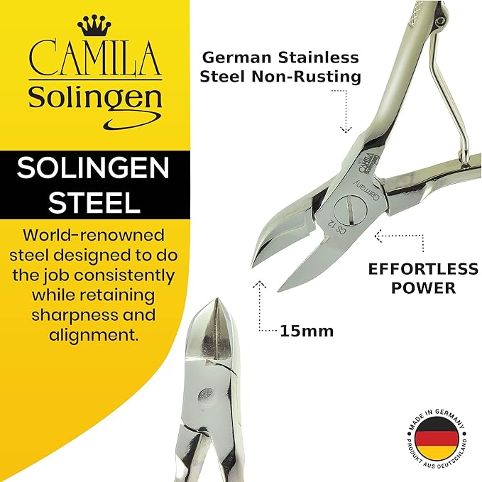 CS12 Professional 4" Fingernail Toenail Nipper/Clipper/Cutter for Manicure/Pedicure. Heavy Duty Precision Super Sharp Curved Stainless Steel 15mm Blade from Solingen Germany (Silver)