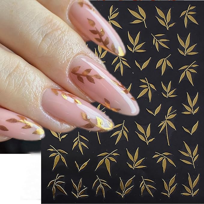 5 Sheets Fall Nail Stickers Colorful Bamboo Leaf Nails Decals 3D Self Adhesive Orange Blue Green Silver Gold Nails Design Autumn Nail Art Stickers Fall Leaves Sticker for Women Manicure Supplies