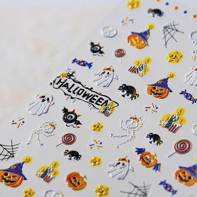 Halloween Nail Stickers Pumpkin Nail Decals Ghost Spider Design Manicure Art 5D Embossed Nails Decorations Holiday Self Adhesive Nails Supplies for Women
