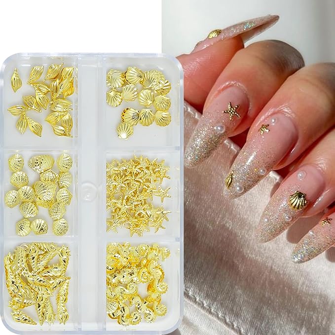 6 Grids Summer Ocean Metal Nail Art Charms 3D Beach Gold Seashell Starfish Nail Charms for Acrylic Nails Sparkling Golden Seahorse Conch Nail Art Jewelry for Women Manicure Decoration Accessory