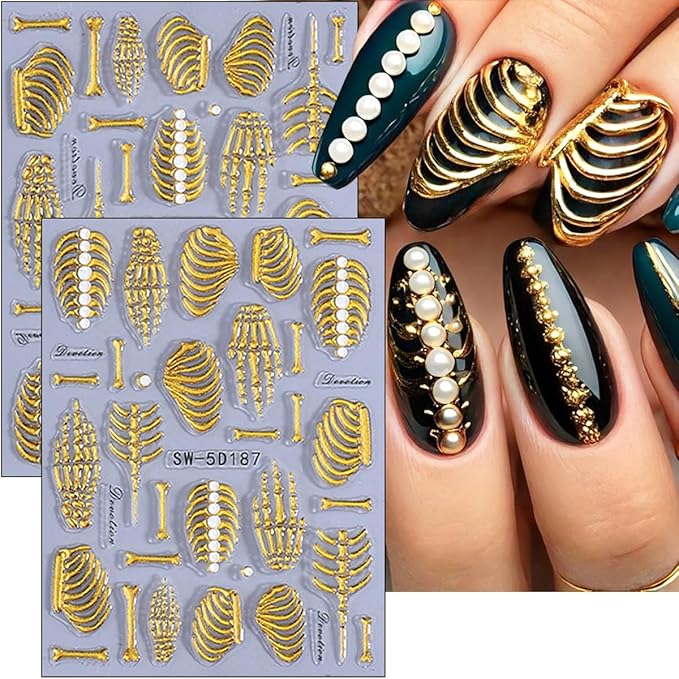 3 Sheets Embossed Halloween Nail Art Stickers Decals Gold Pink White Self-Adhesive Nail Stickers Design 5D Horror Bone Skull Hand Nail Decals for Women DIY Manicure Halloween Party Nails Decoration