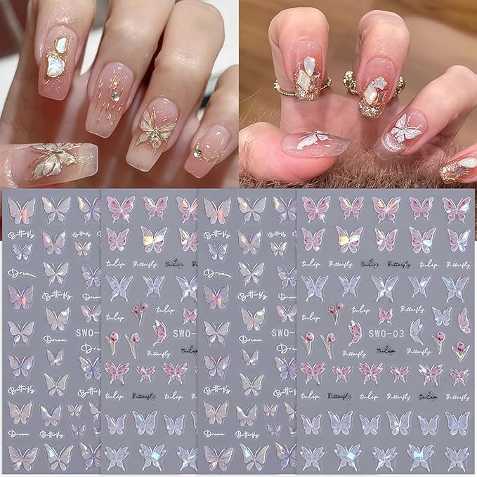 Shiny Pink Butterfly Nail Decals - 3D Self-Adhesive Nail Art Stickers - Laser Glitter Butterflies - DIY Manicure Decor