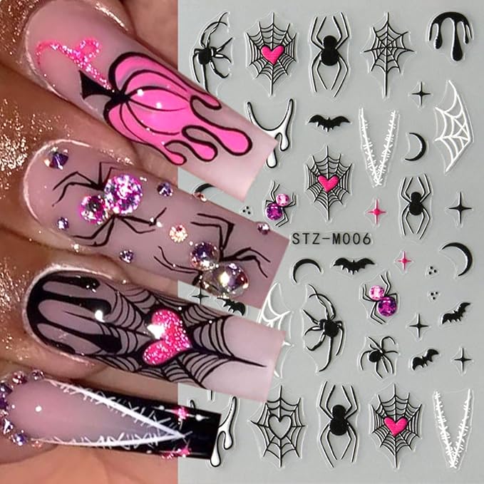 Halloween Nail Art Stickers Decals Halloween Spider Web Spider Nail Decals 3PCS Ghost Bat Skull Star Design 5D Engraved Nail Stickers Nail Art Supplies for Women Holoday DIY Manicure Nail Decorations