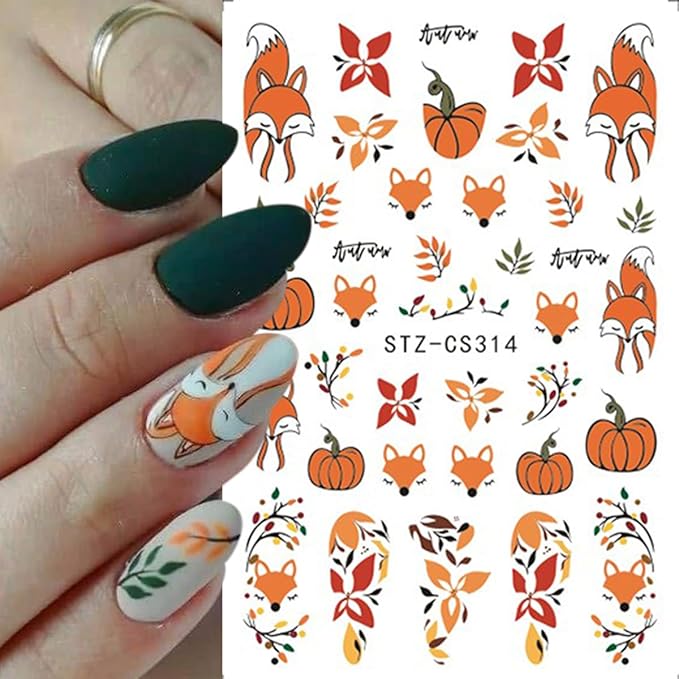 Fall Nail Art Stickers Autumn Maple Leaf Nail Decals 6PCS Maple Leaves Foxes Pumpkin Nails Design 3D Self-Adhesive Thanksgiving Day Nail Art Decorations Supplies Fall Stickers for Nails Manicure Decor