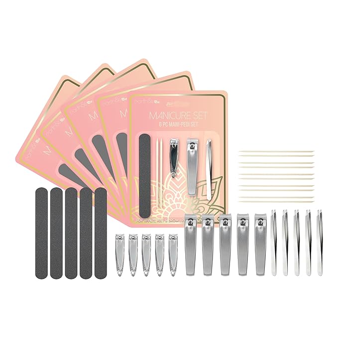 Earth & I Pink 5 Pack Nail Manicure Kit - 30 Count Manicure and Pedicure Kit for Women, Nail Trimmers, Toe Clippers, Toenail Nails Cutter, Mens Care, Mens Travel Toiletries