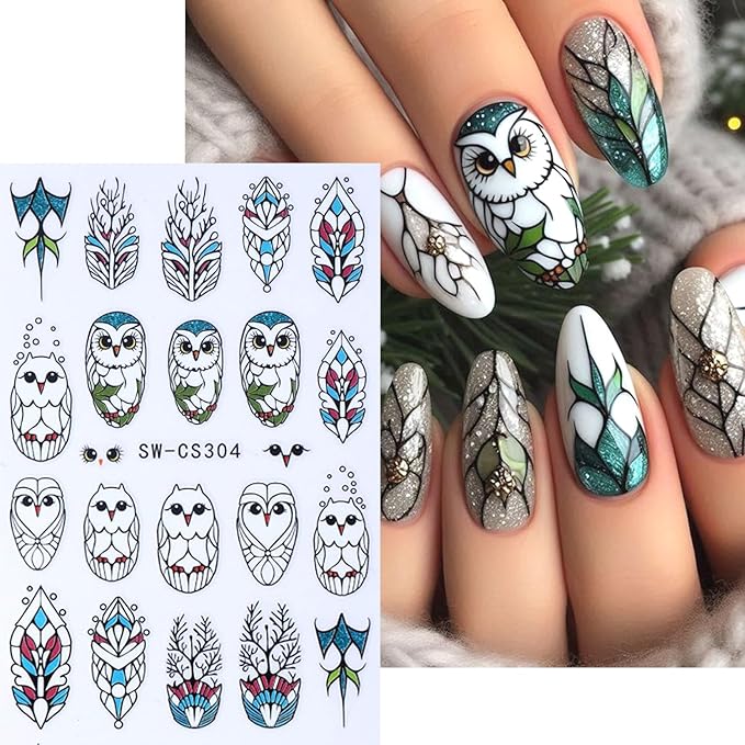 2Sheets Cute Owl Nail Art Stickers 3D Christmas Nail Decals for Acrylic Nails Self-Adhesive Leaves Branches Nail Sticker with Gold Silver Glitter Designs Nail Decal for Women Manicure Decor Supplies
