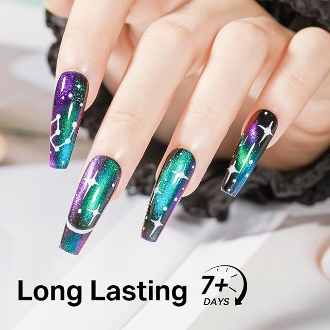 MIZHSE Quick Dry 9D Cat Eye Nail Polish Non Gel, Green to Purple Magnetic Nail Polish with Magnet, Air Drying Fast Cateye Nail Lacquer Galaxy Effect Manicure Home Gift for Women 15ml