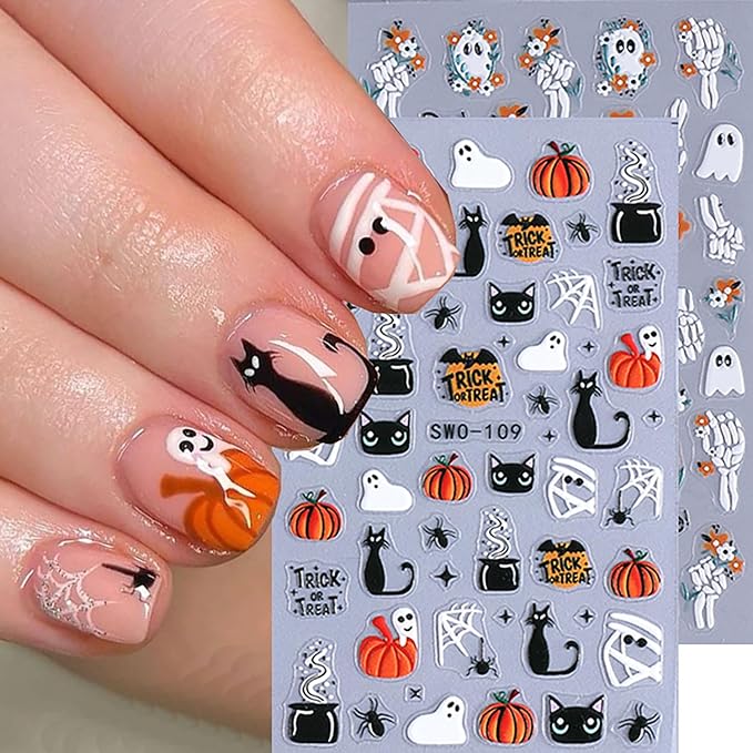 4 Sheet Halloween Nail Stickers 5D Embossed Nail Art Stickers Decals with Spider Web Pumpkin Design Ghost Mummy Nail Stickers for Nail Art Self-Adhesive Nails Supplies for Women Manicure Decor
