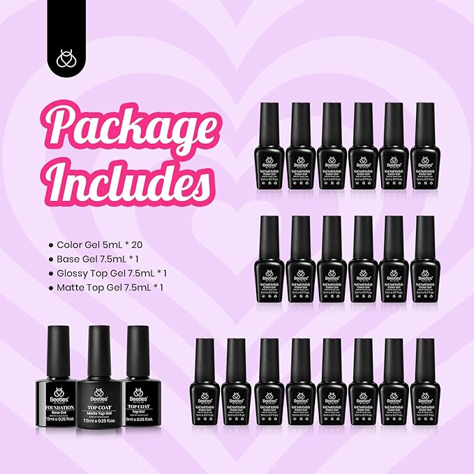 Beetles Pink Gel Nail Polish, Red Purple Nude Blue Glitter 20 Colors Gel Polish Set Romance Rebellion with Base & Top Coat, Soak off Uv LED Cured Nail Art Design Salon Home Gift for Women