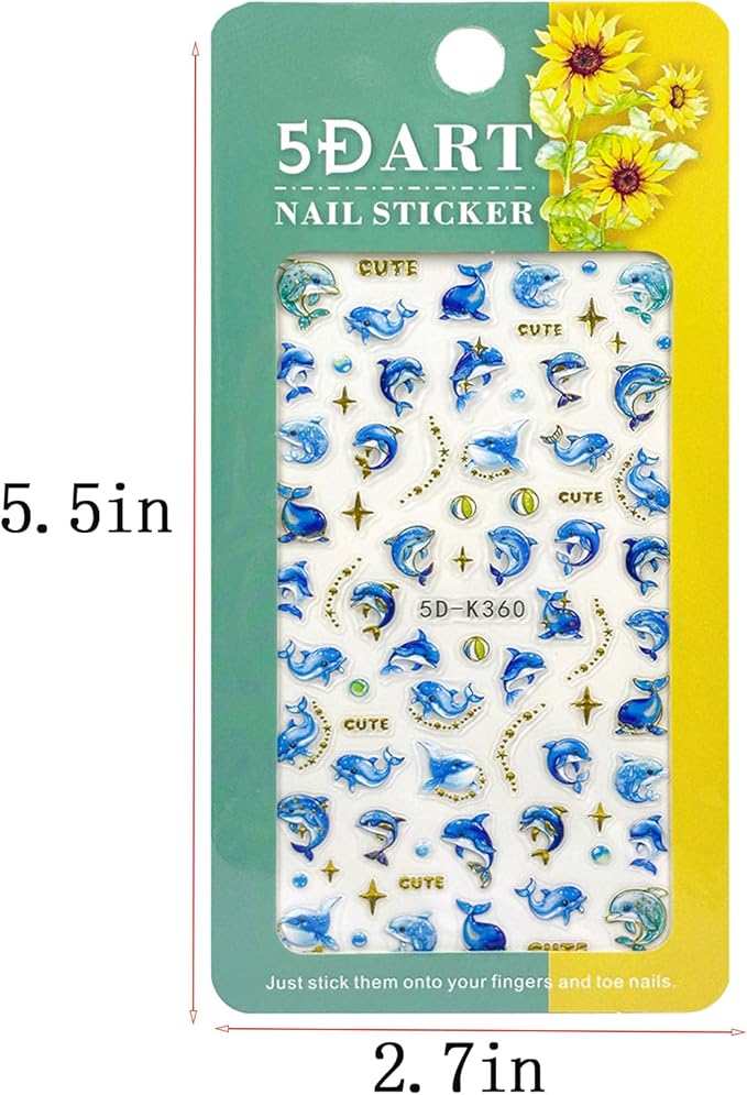 1 Sheets Summer Nail Art Stickers 5D Embossed Beach Cute Dolphin Stars Designs Self Adhesive Nails Supplies Blue Summer Sea Theme Manicure Decorations for Women Exquisite Cardboard Kit
