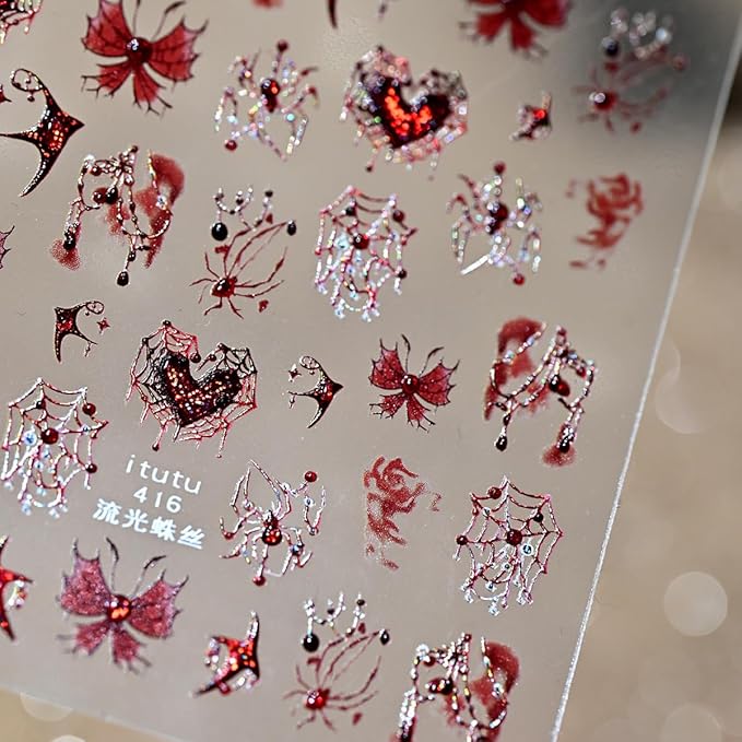 Halloween Nail Stickers for Nail Art 5D Red Rhinestone Spider Nails Decals Self Adhesive Bloody Butterfly Heart Spider Web Design Halloween Spider Nails Art Stickers for Women Manicure Supplies 1PCS
