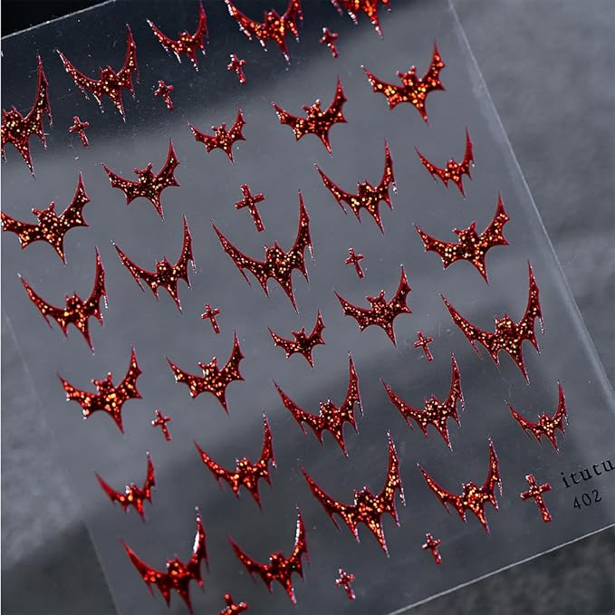 3 Sheets Halloween Nail Stickers for Nail Art 3D Bat Nail Art Stickers Silver Red Black Glitter with French Tip Design Sticker Horror Gothic Nail Decals for Women Acrylic Nails Decoration