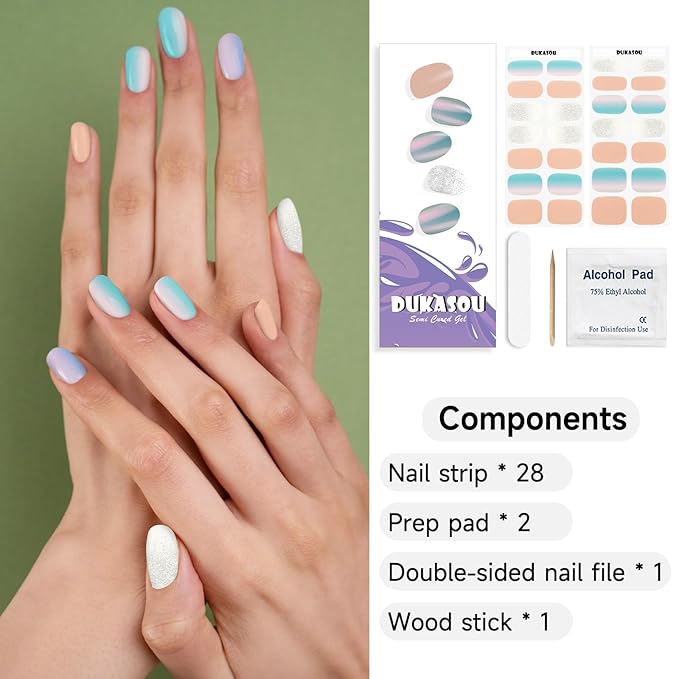 Semi Cured Gel Nail Strips, 28 pcs Sky Mirror UV Need, Long Lasting Stickers Full Wraps for Women Girls Kids DIY Decoration Birthday Party Gift