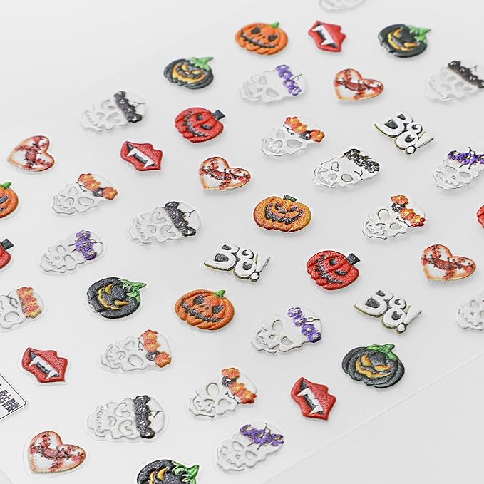Halloween Nail Stickers for Nail Art - Skull Nail Art Sticker Halloween Pumpkin Skull 5D Embossed Nail Decals Self-Adhesive Nails Supply Manicure Stickers for Nails Decoration