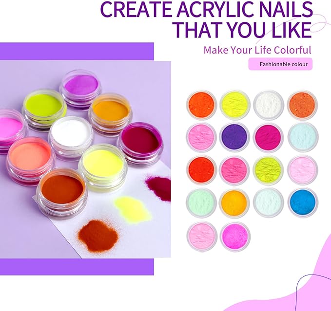 Nail Acrylic Powder Set 18 Colors DIY Nail Art Acrylic for Nails Sparkling AcrylicNails Great for Home Manicure Professional Quality Nail Art Supplies