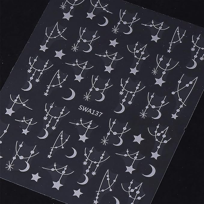 Star Nail Stickers for Nail Art 3D Self-Adhesive Moon Nail Decals Black Silver Star Nail Art Stickers for Women 6 Sheets